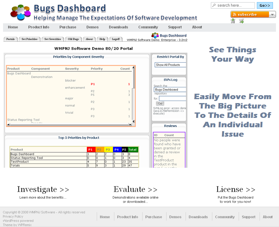 The new Bugs Dashboard home page sports a slideshow of 8 images.